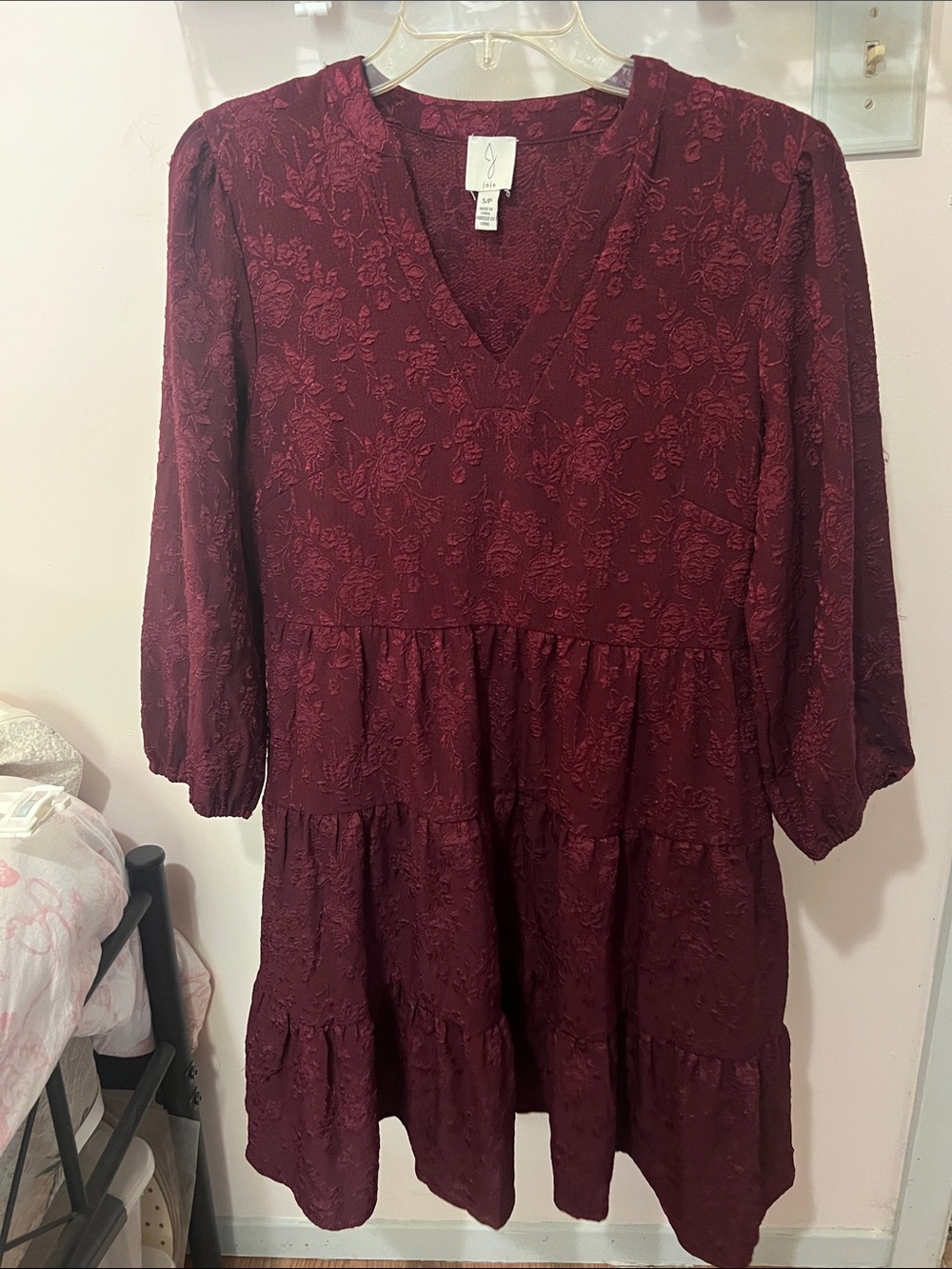 Joie Wine Red Long Sleeve Tiered V-Neck Dress